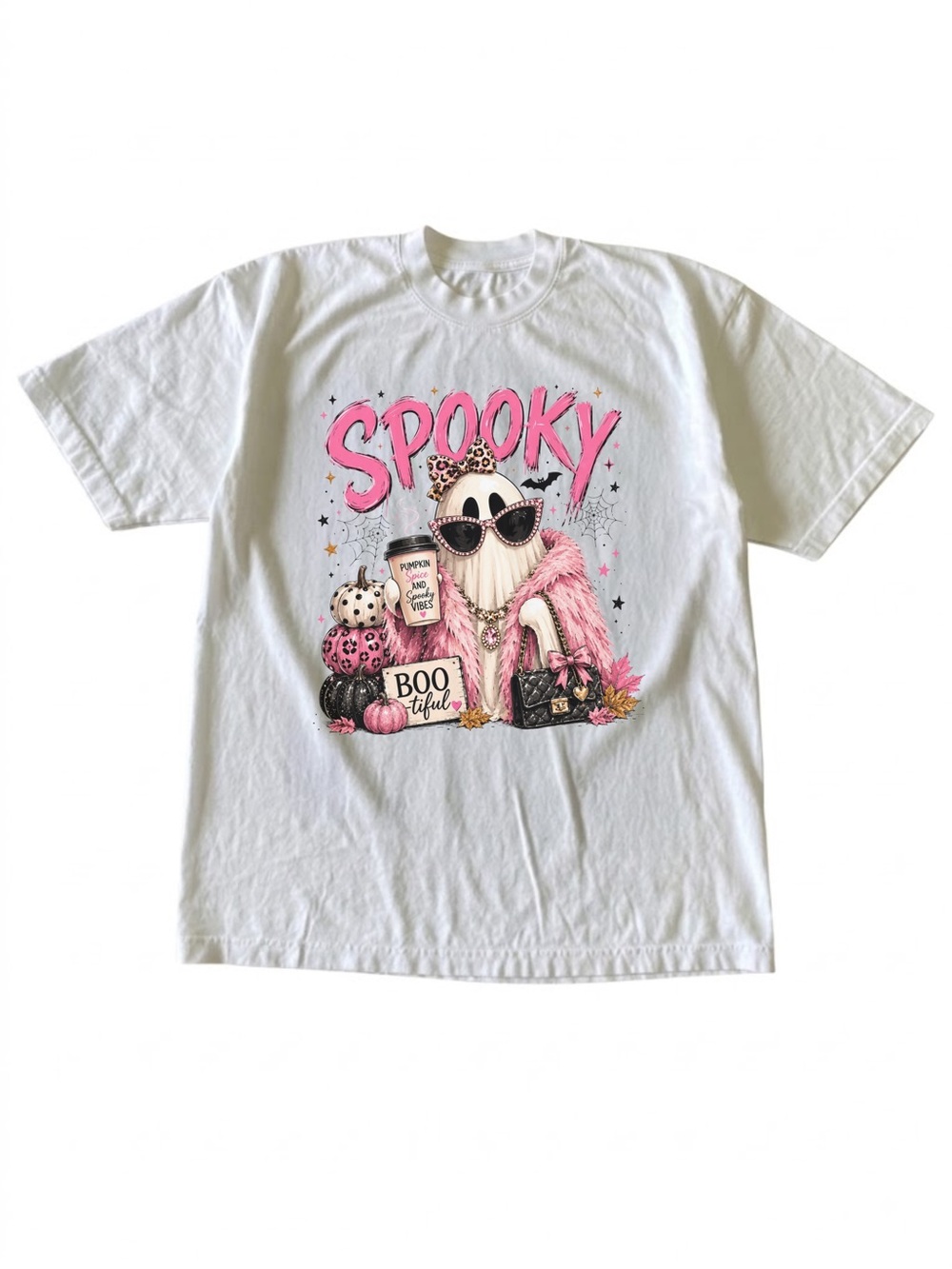Spooky Pink Fashion Ghost Coffee White Halloween Graphic T-Shirt